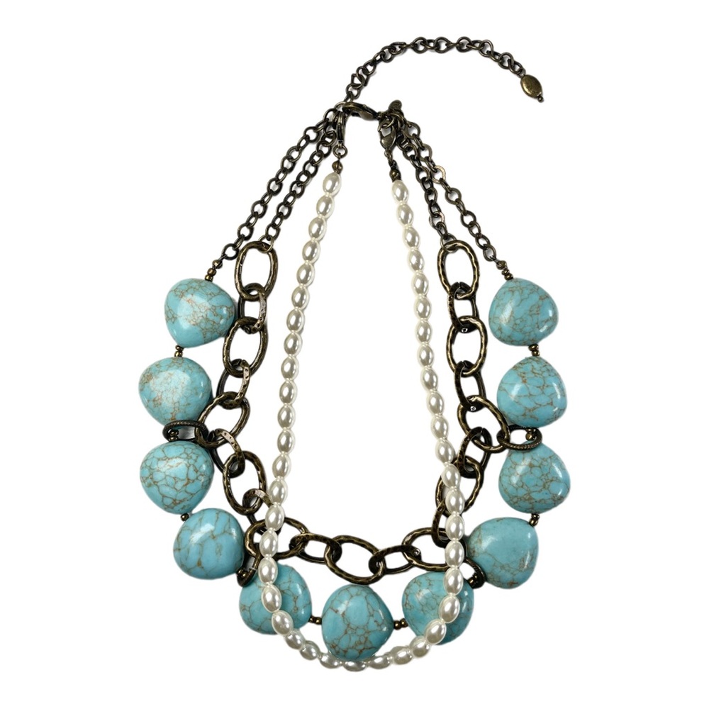 Vintage Premiere Designs Chunky Turquoise Beaded Bronze Chain Necklace Pearls